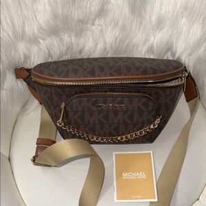 Michael Kors Dark Brown Logo Belt Bag with Gold Chain